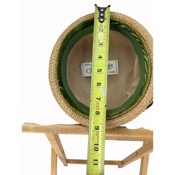 Vintage 60s Alfreda Inc Straw Boater Hat With Green Velvet Band & Red Strawberry - Picture 10 of 11